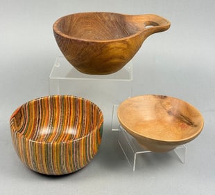 Three Turned Wooden Bowls