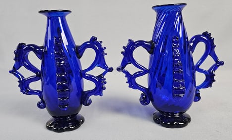 A Pair of Cobalt Blue Blown Glass Vases