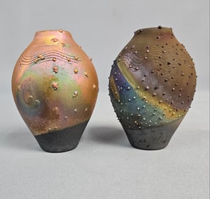 A Pair of Contemporary Raku-Style Art Pottery Vases, Signed P. O'Brien and Baem