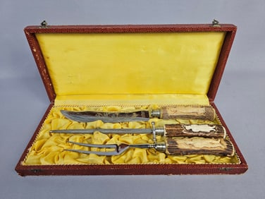 A Cased Three-Piece Anton Wingen Jr. Solingen Stag Handled Carving Set, Mid-20th Century