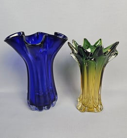 A Pair of Mid-20th Century Hand-Blown Art Glass Vases Cobalt Blue and Ombr?© Yellow to Olive Green