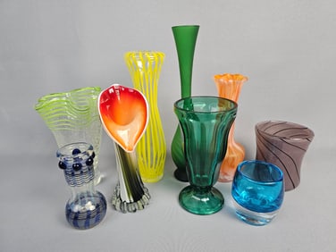 A Collection of Nine Vintage Art Glass Vases