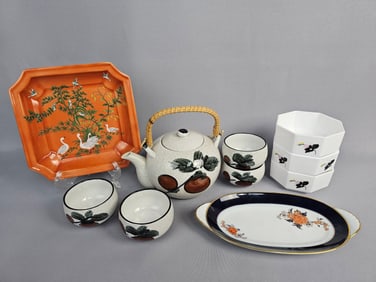 A Collection of Japanese MCI Hand-Painted Stoneware Tea Set, Andrea by Sadek Chinoiserie Dish,
