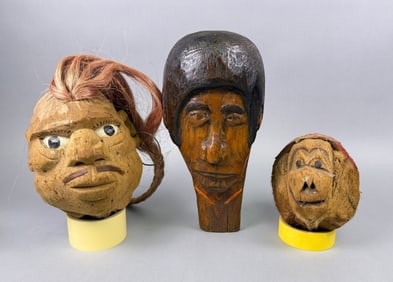 Three Hand-Carved Wood & Coconut Folk Art Decorative Heads