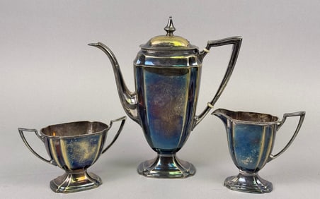 A Three-Piece Pairpoint Art Deco Electro-Plated Nickel Silver Coffee Service