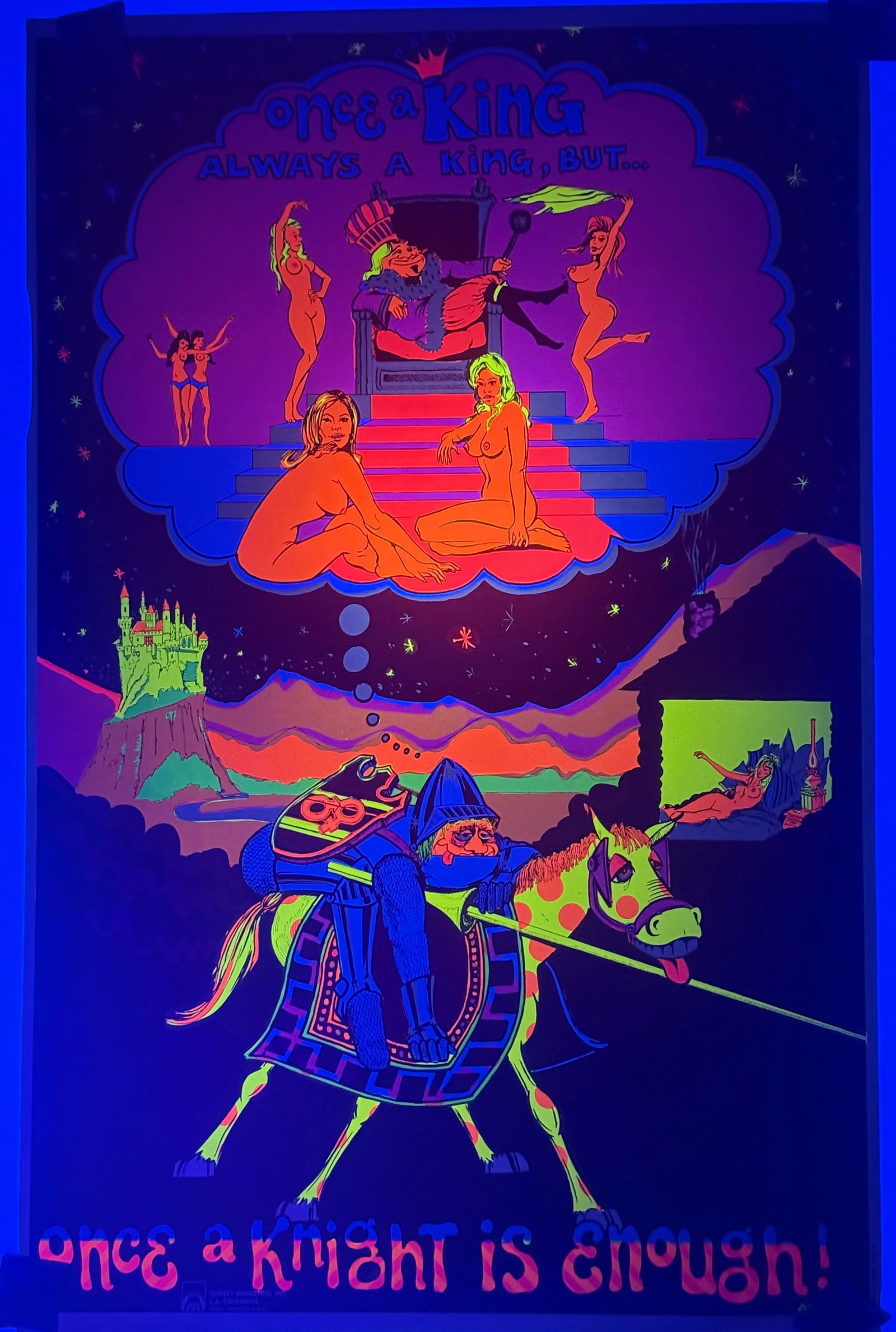 Once a King Always a King Psychedelic Blacklight Poster, 1971: A vintage psychedelic blacklight poster titled 'Once a King Always a King, But Once a Knight is Enough', designed by Bevacqua and published by Sunset Marketing, Inc. L.A. California. This large, verti