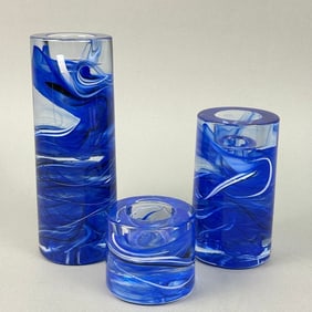 Three Kosta Boda Art Glass Blue Swirl Candle Holders