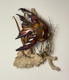 A Vintage Metal Fish Nautical Art Sculpture on Driftwood Base