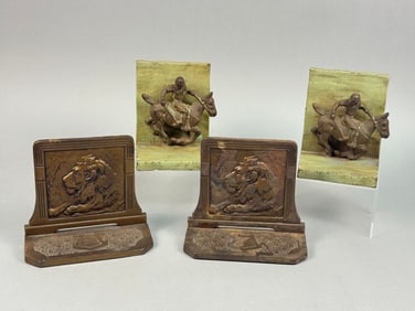 Two Pairs of Vintage Metal Bookends, comprising Lion and Jockey examples