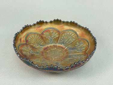 Fenton Electric Blue Carnival Glass 'Peacock & Grape' Ruffled Bowl