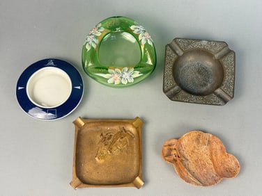 A Collection of Five Vintage Ashtrays, including a Bohemian Czech Green Glass Example