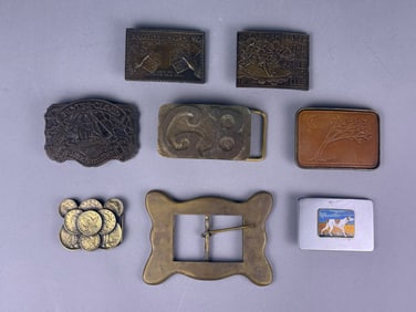 A Collection of Eight Vintage and Novelty Brass and Metal Belt Buckles