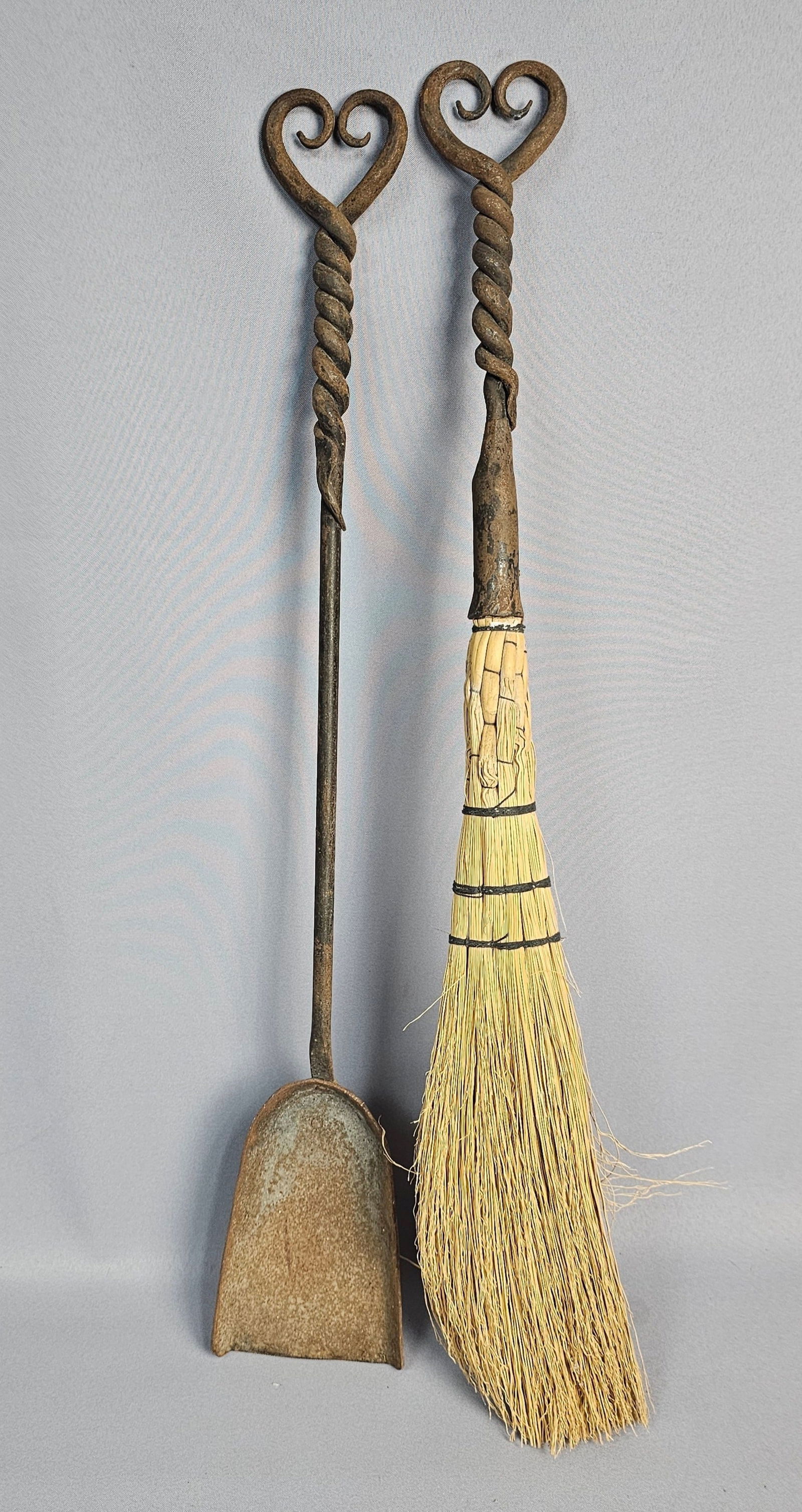 A Pair of Rustic Hand-Forged Wrought Iron and Natural Fiber Fireplace Tools (1 of 7)
