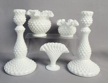 A Set of Five Fenton White Hobnail Milk Glass Items