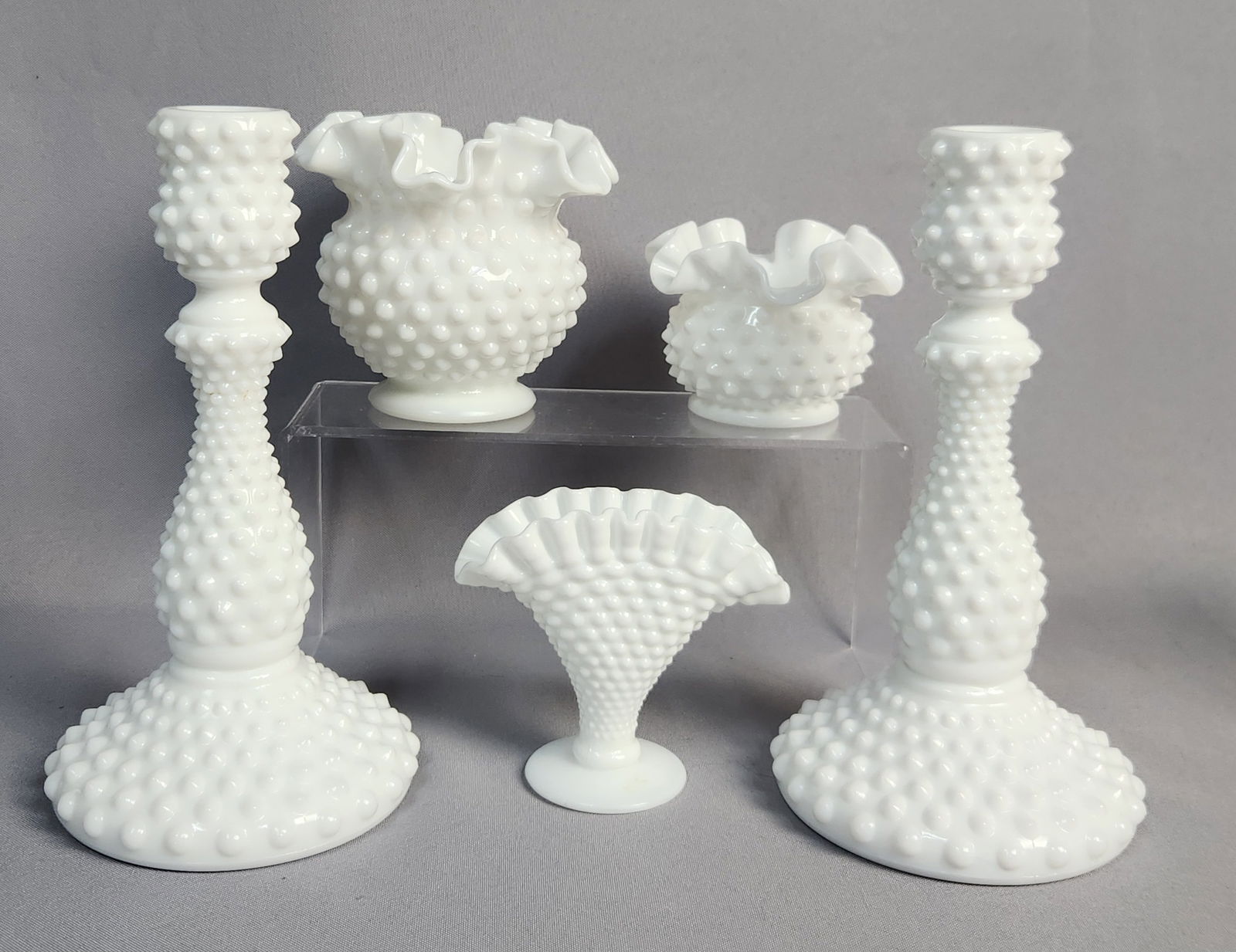 A Set of Five Fenton White Hobnail Milk Glass Items (1 of 11)