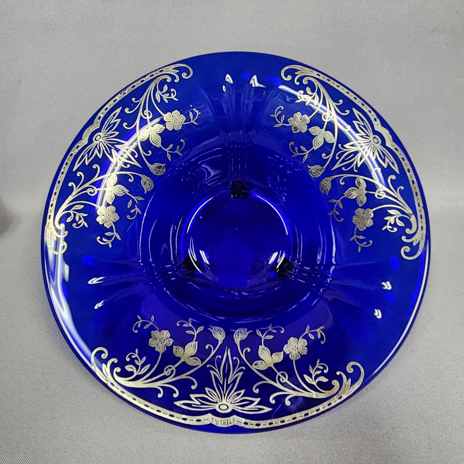 Vintage Cobalt Blue Glass Three-Sectioned Footed Serving Dish with Sterling Silver Overlay (1 of 8)