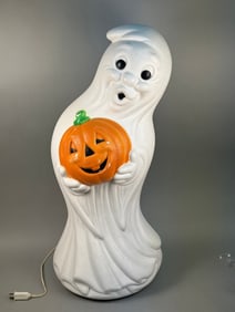 Vintage General Foam Ghost Holding Pumpkin Blow Mold Lamp