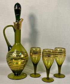 Vintage Romanian Olive Green Glass Four-Piece Decanter Set with Gold Stripes