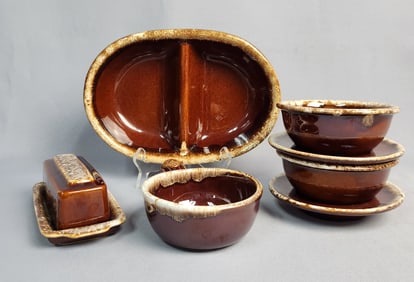 A Collection of Hull 'Brown Drip' and 'Crestone' Dinnerware with a McCoy Handled Bowl