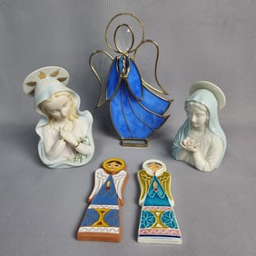 A Collection of Religious Decorative Objects, including Lefton and Hardalt Madonnas, a Stained Glass