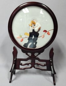 Chinese Double-Sided Suzhou Silk Embroidery Table Screen, depicting a Cat and Grasshopper, on a