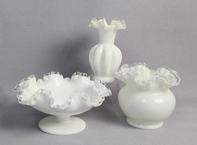 Three Fenton Silver Crest White Milk Glass Vases and Bowl