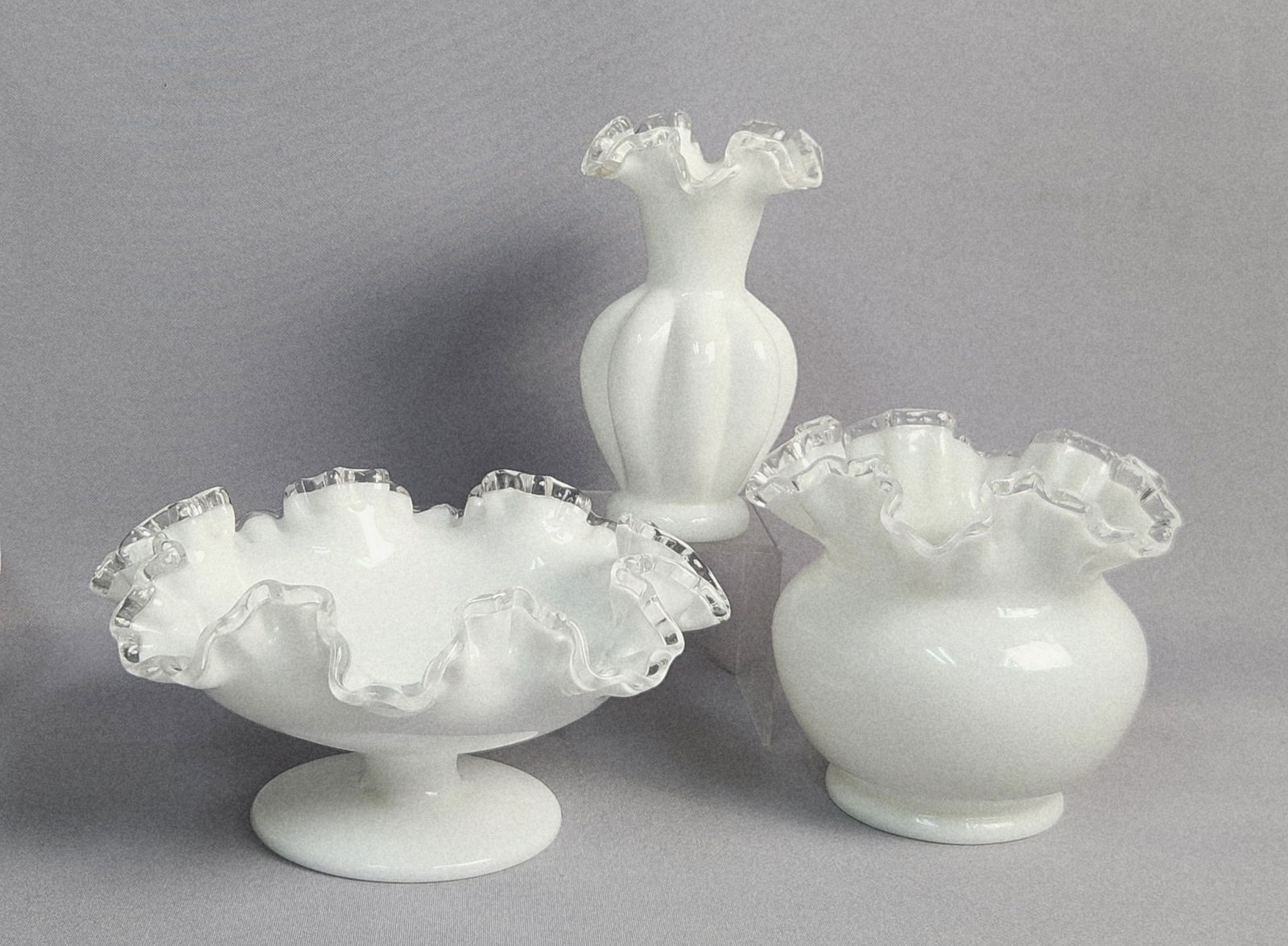 Three Fenton Silver Crest White Milk Glass Vases and Bowl (1 of 14)