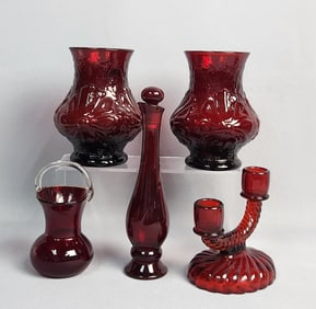 A Group of Ruby Red Glass, including a Pair of Anchor Hocking Royal Ruby Red Daisy Vases and an Avon