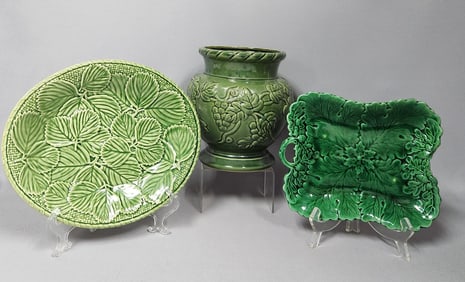 Three Majolica-Style Greenware Botanical Items, including Bordallo Pinheiro and Hosley Potteries