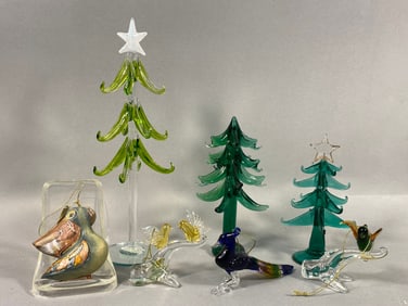 A Collection of Art Glass Christmas Tree and Bird Figurines, and a G. DeBrekht Pelican Ornament