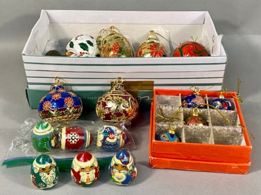 A Collection of Value Arts Cloisonne and Folk Art Wooden Christmas Ornaments