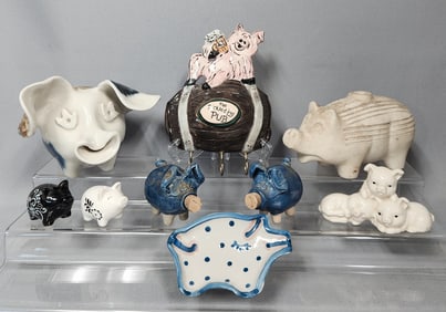 A Collection of Ten Pig-Themed Ceramic Items, including a Blue Sky Clayworks 'The Pickled Pig Pub'