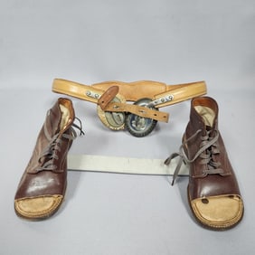 Pair of Vintage Orthopedic Corrective Shoes with Denis Browne Bar and Body Belt