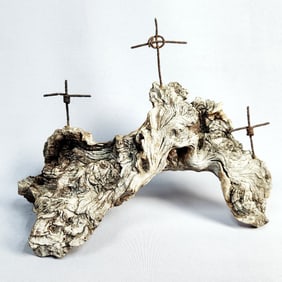A Folk Art Driftwood Assemblage with Three Metal Crosses