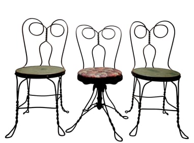 Three Antique Ice Cream Parlor Seating Items, Comprising Two Chairs and a Swivel Stool
