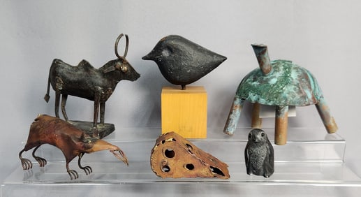 Six Diverse Decorative Metal  Wood  Soapstone Animal Figurines