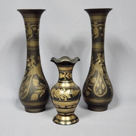 Three Etched Black and Gold Brass Vases, Made in India