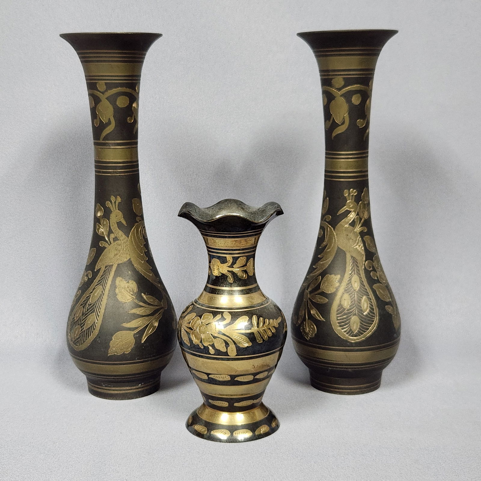 Three Etched Black and Gold Brass Vases, Made in India (1 of 9)