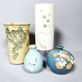 A Group of Four Assorted Ceramic Vases and Planter by Dick Lehman, Otagiri, Ichi, and Biel