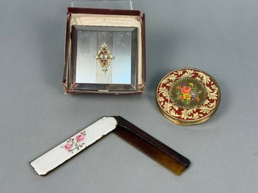 Three Vintage Vanity Items, including a Revlon Compact and a Floral Folding Comb