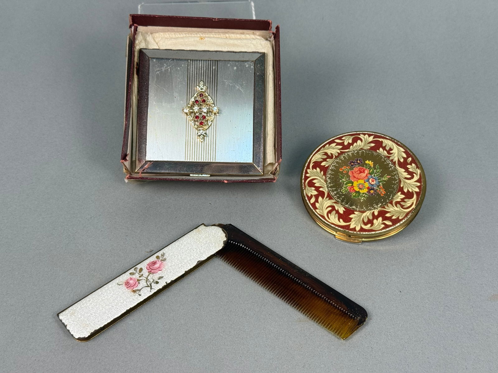 Three Vintage Vanity Items, including a Revlon Compact and a Floral Folding Comb (1 of 8)