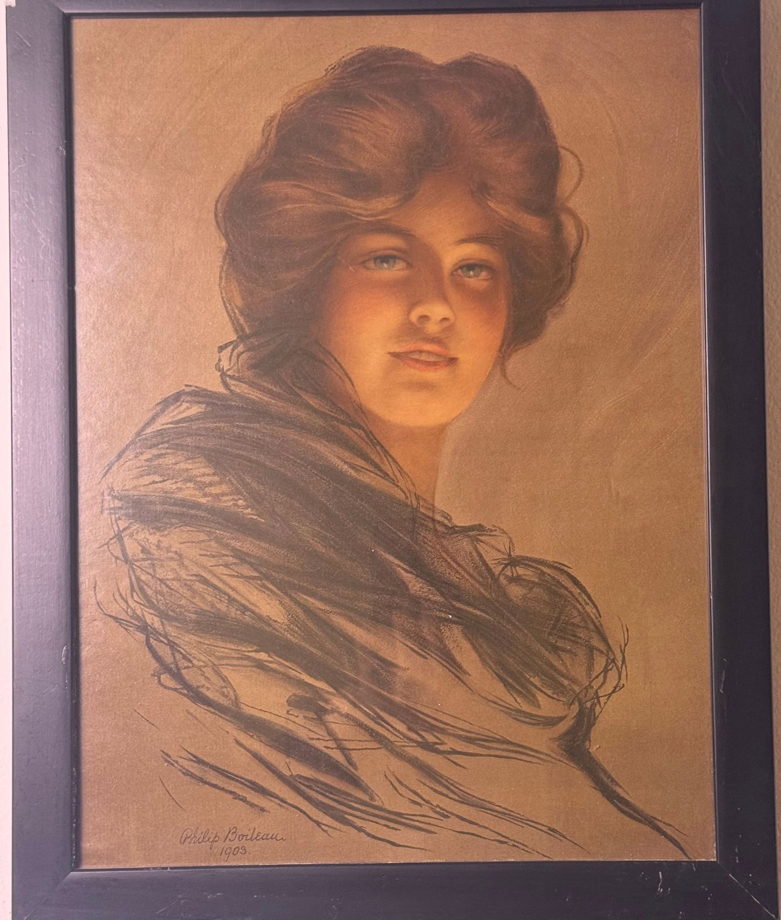 Philip Boileau (American, 1864-1917) 'Peggy' Chromolithograph, dated 1903: A framed chromolithograph print by Philip Boileau, titled 'Peggy, ' dated 1903. This reproduction depicts a bust-length image of a young woman with auburn hair and a dark wrap, rendered in an illustra