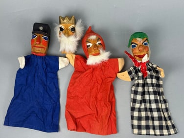 Three Vintage Carved Wooden Punch and Judy Style Hand Puppets