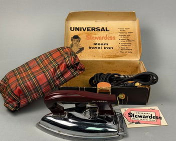 Vintage 1960s Universal Stewardess Steam Travel Iron, Model D1675, with Original Box and Accessories