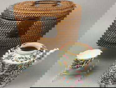 Chinese Rose Medallion Teapot and Cup in a Woven Rattan Carrying Case