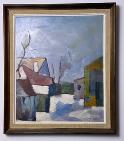 Mid-Century Swedish Modernist Oil Painting, Architectural Landscape, Signed Th. Michelsen