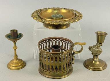 A Collection of Brass Candle Holders, including a Gorham Chamberstick Component