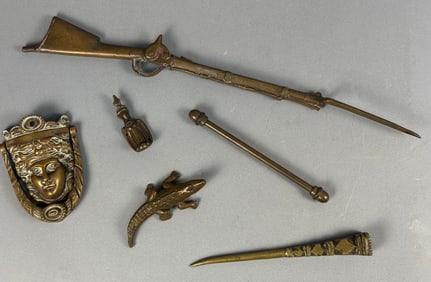 A Group of Six Brass and Bronze Objects, including a Miniature Model Enfield Rifle Musket