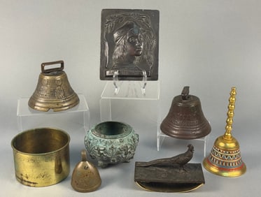 A Collection of Bronzed Pewter and Brass Objects, including a Raffaello Sanzio Portrait Plaque