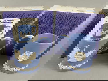 A Pair of Wedgwood Blue Jasperware Christmas Mugs, 1971, Piccadilly Circus